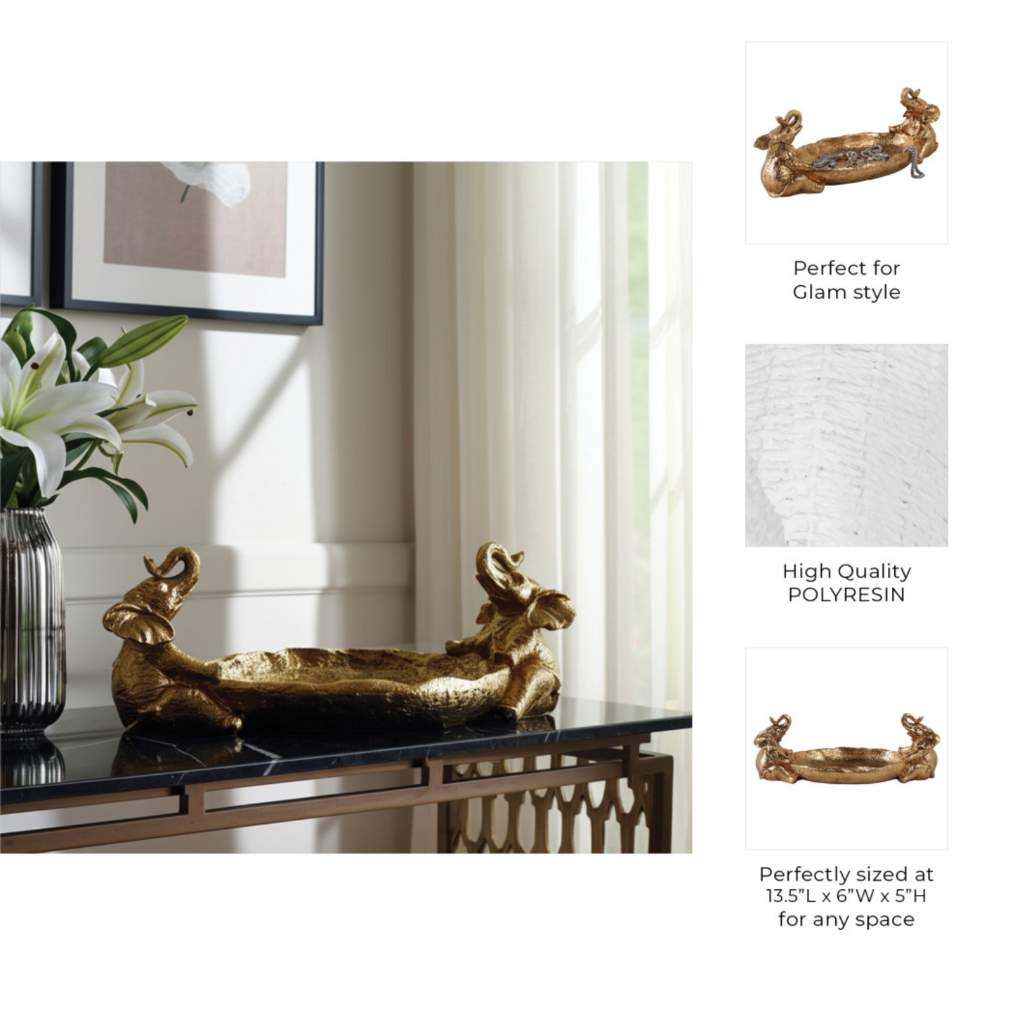 Gold Two Elephants Holding Bowl