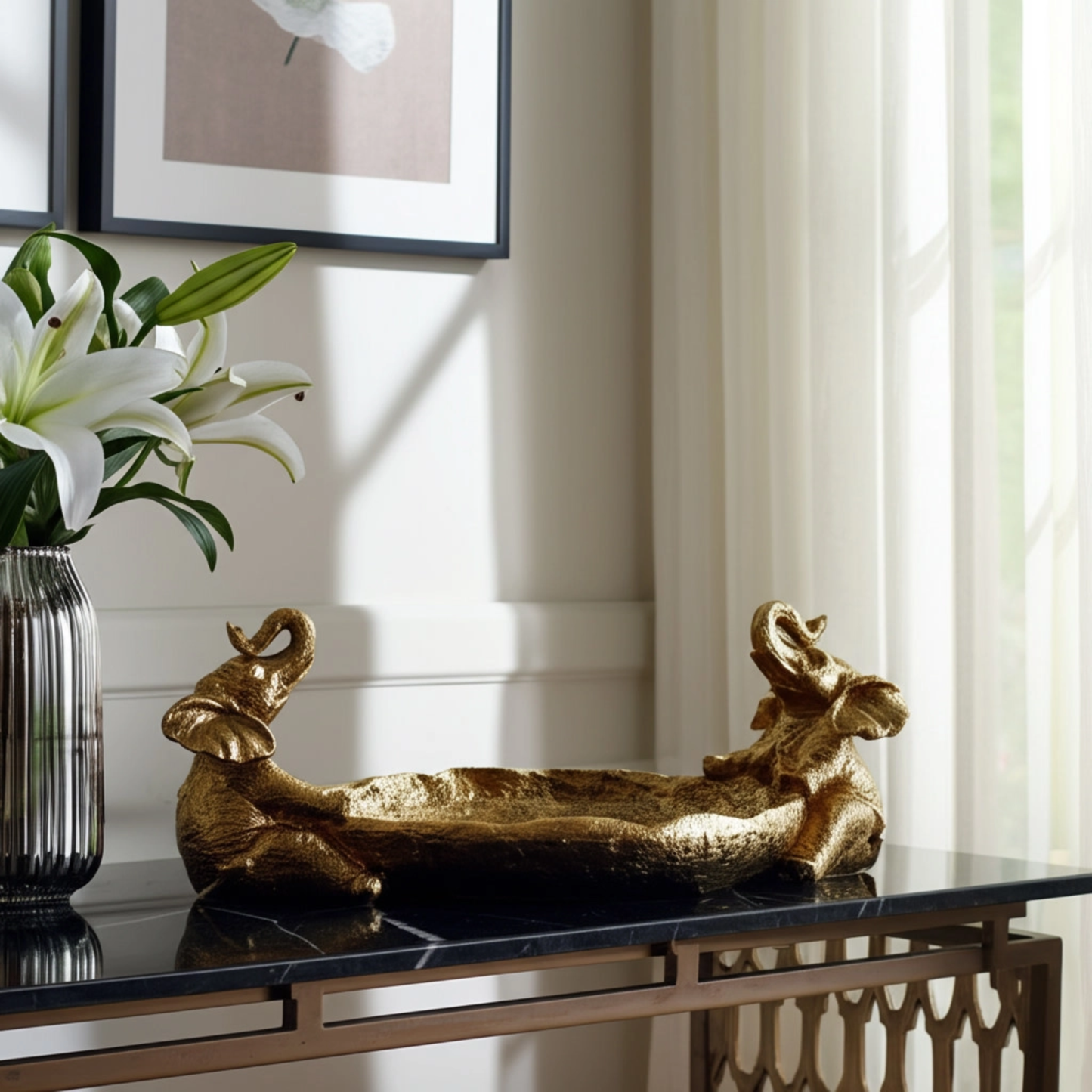 Gold Two Elephants Holding Bowl