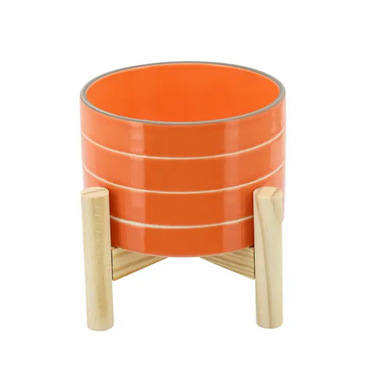 Orange Striped Planter with Wood Stand