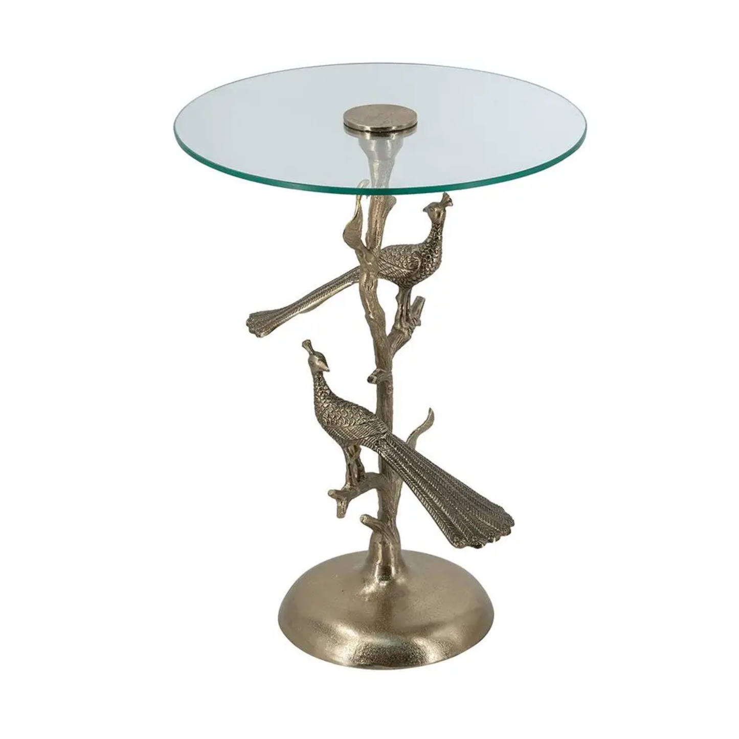 Gold Peacock Side Table w/ Round Glass Top