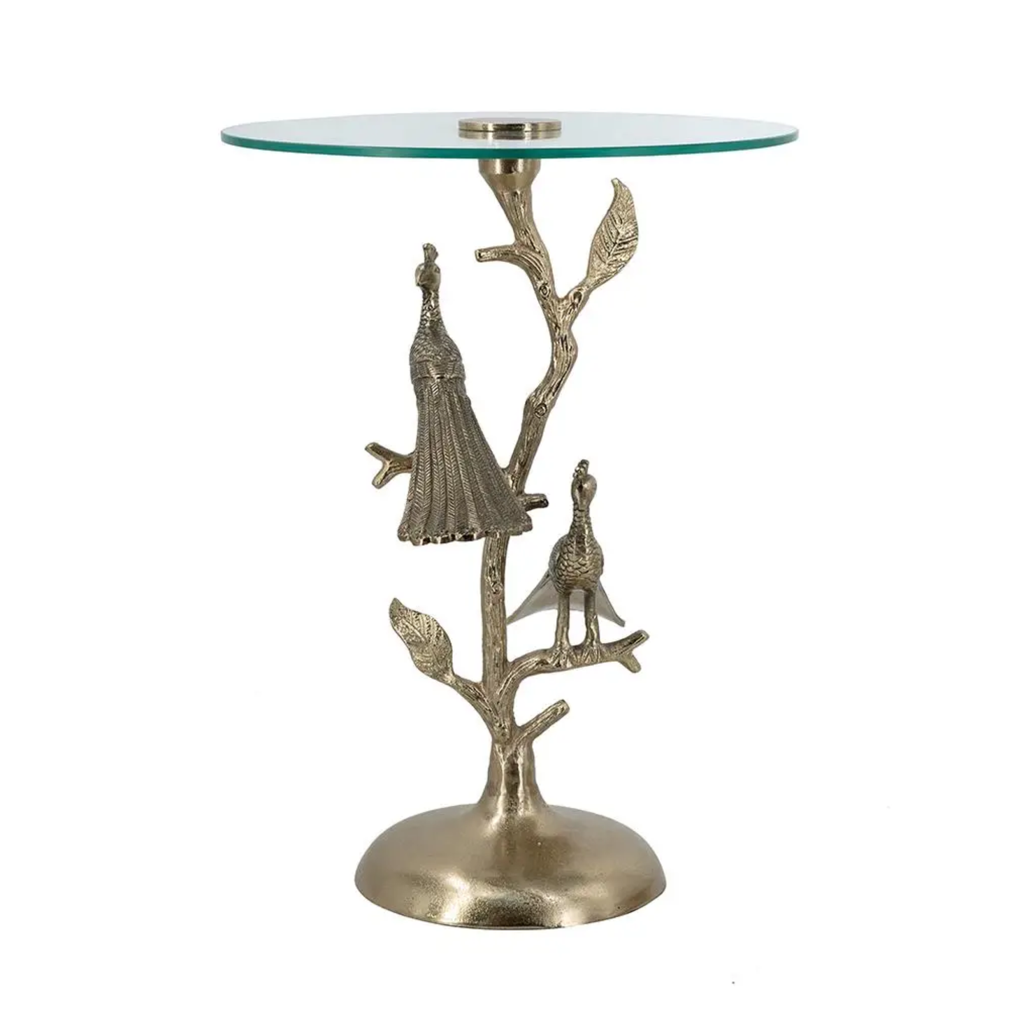 Gold Peacock Side Table w/ Round Glass Top