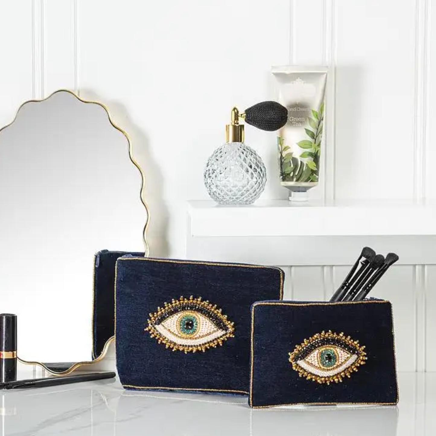 Navy Velvet Evil Eye Pouch