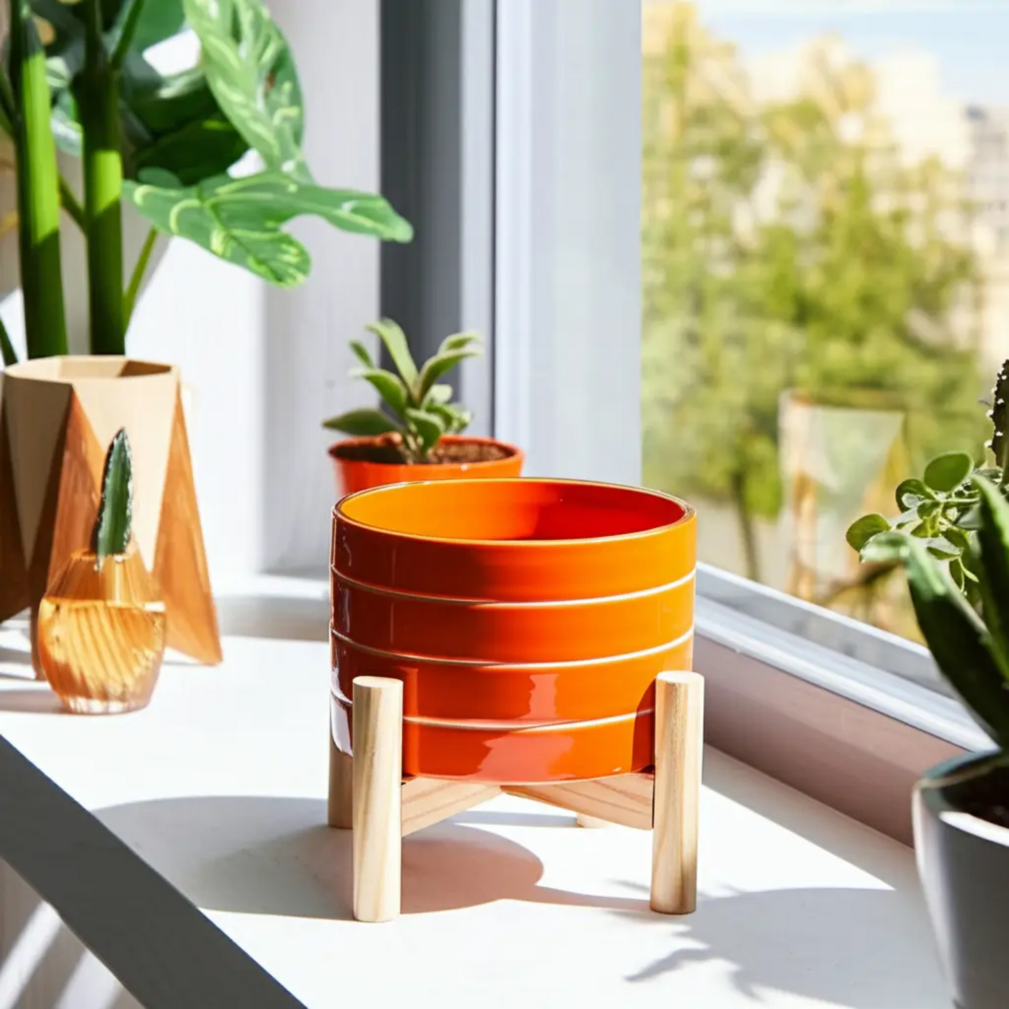 Orange Striped Planter with Wood Stand